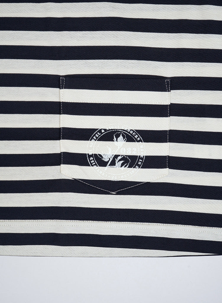 Nigel Cabourn x Sunspel Long Sleeve Pocket T-Shirt in Navy/Stone Stripe