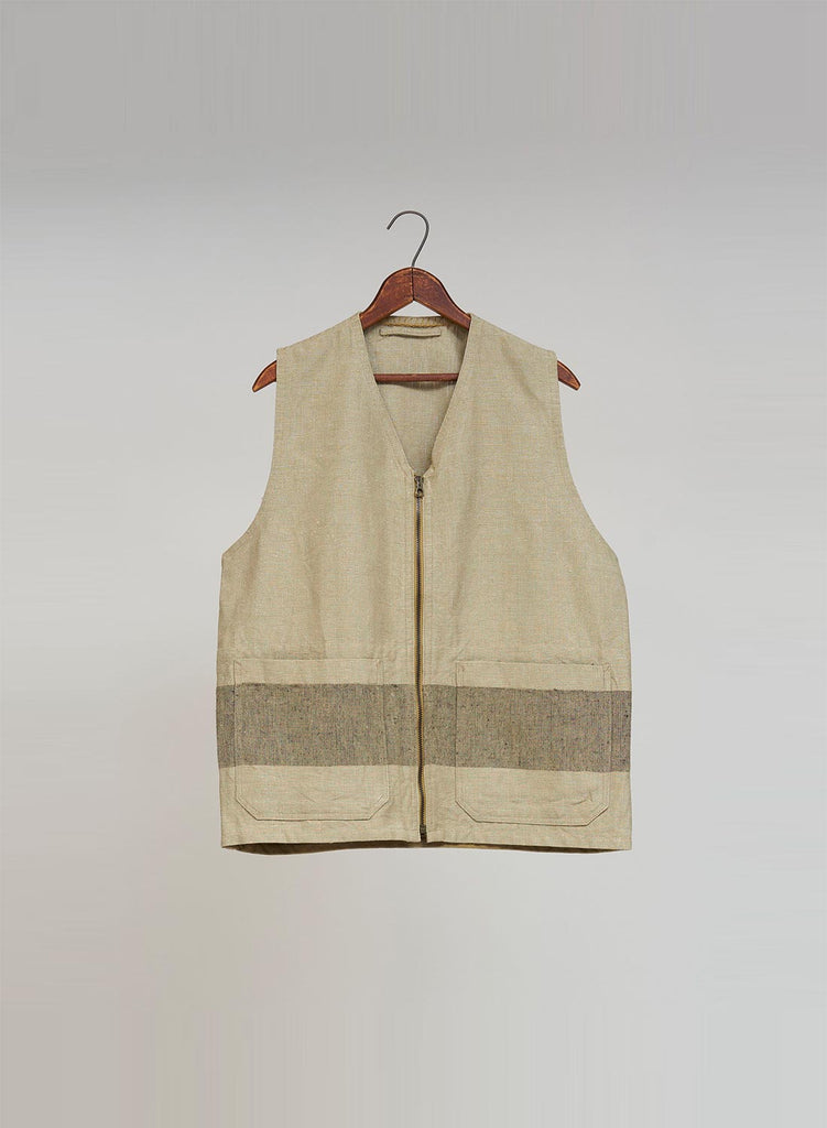 BEAN SACK BORDER VEST HEMP LINEN IN KHAKI