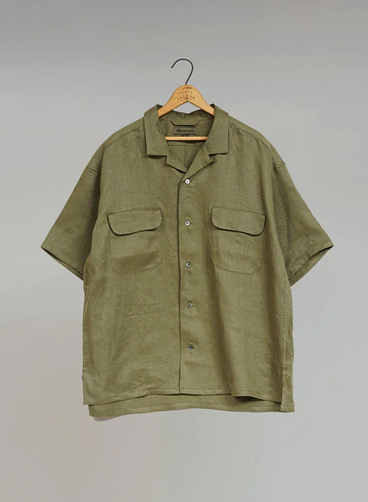 Open Collar Shirt Linen Twill in Green